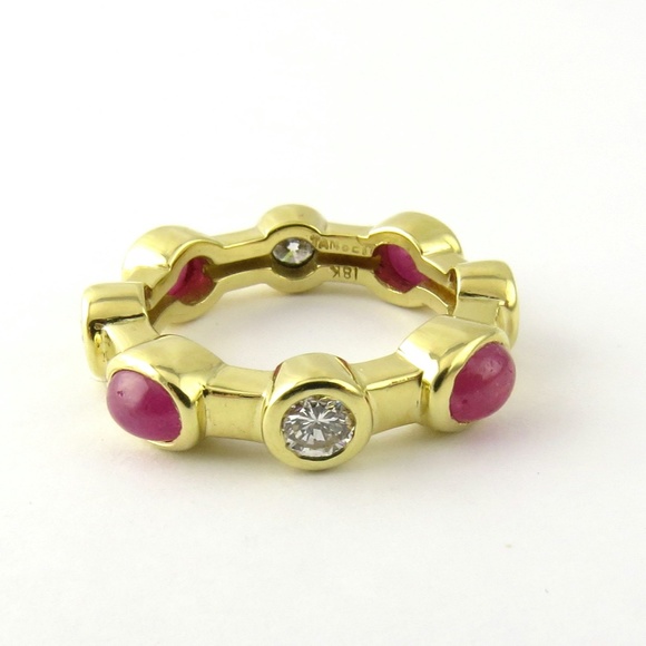 Vintage 18 Karat Yellow Gold Tambetti Cabochon Ruby Diamond Ring Size 6.75 #4651 - Picture 6 of 7